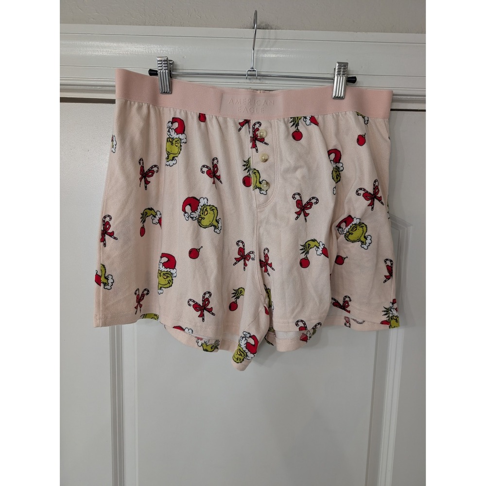 American Eagle The Grinch Pajama Shorts Pink Waffle Knit Holiday Womens Large